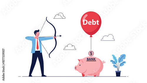 Financial debt reduction concept with a businessman using a bow and arrow to pop a large red balloon labeled debt over a bank.