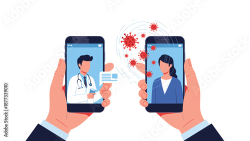 Digital healthcare and telemedicine concept with a doctor and a patient communicating via smartphones with virus icons in between.