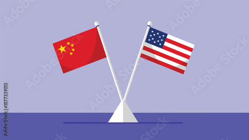 International diplomacy and trade relations concept featuring the national flags of China and the United States on a table stand.