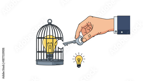 Creative freedom and intellectual property concept featuring a hand unlocking a golden light bulb from inside a metal bird cage.
