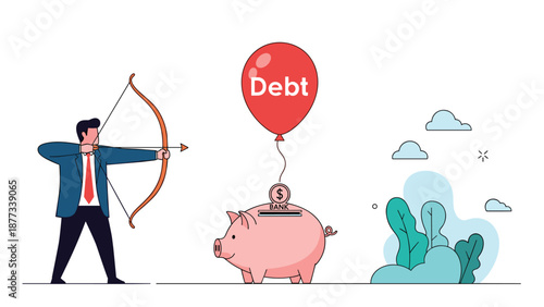 Financial strategy and debt management concept with a professional man aiming at a red debt balloon over a piggy bank.
