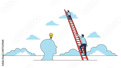 Knowledge acquisition and self-improvement concept with people climbing a ladder towards a light bulb on top of a human head.