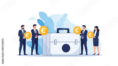 Corporate investment and financial group concept featuring a team of business professionals holding large euro coins around a briefcase.