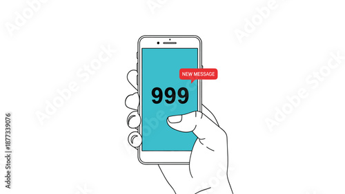 Emergency communication and mobile notification concept showing a hand holding a phone with 999 and a new message alert.