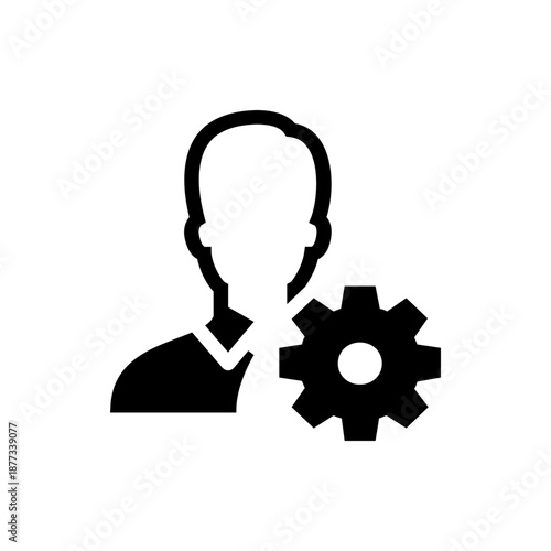 A minimalist vector graphic of a person with a gear, representing technical support or mechanical expertise