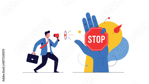 Regulatory control and legal prohibition concept featuring a businessman with a megaphone facing a large hand holding a stop sign.