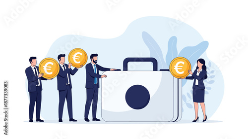 Collaborative business funding and team investment concept with professionals placing large euro coins around a silver briefcase.
