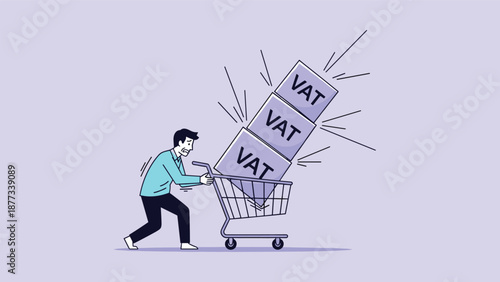 Financial tax burden and economic pressure concept showing a worried man pushing a shopping cart full of heavy VAT boxes.