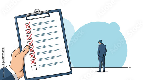 Disappointed businessman walks away while a hand holds a clipboard filled with red cross marks indicating failure or rejected tasks.