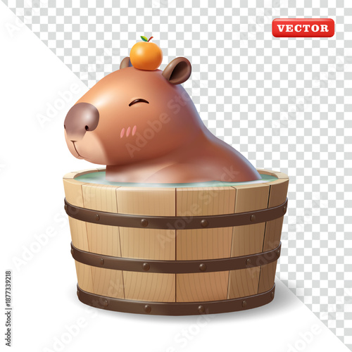 Cute capybara soaking in hot water in a wooden bucket, 3D vector. Suitable for design elements