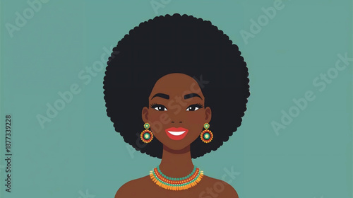 Smiling African American Woman with Afro and Jewelry, Vibrant Illustration.