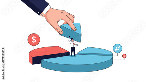 Giant hand places a final blue piece into a 3d pie chart while a small businessman stands inside managing the data distribution.