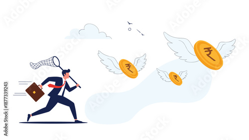 Motivated businessman runs with a butterfly net trying to catch flying gold coins with rupee symbols representing financial chasing.