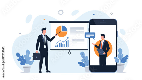 Business professional gives a presentation on a whiteboard while an online collaborator participates via a smartphone video call.