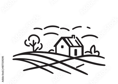 Line sketch of landscape, vector design with element for agriculture fields and house
