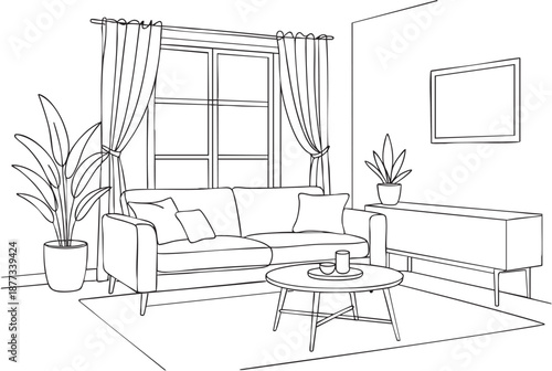 Sketch line interior with sofa, plan and table