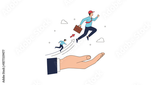 Giant hand provides a launchpad to propel a small businessman high into the air as he jumps towards his career goals with a briefcase.