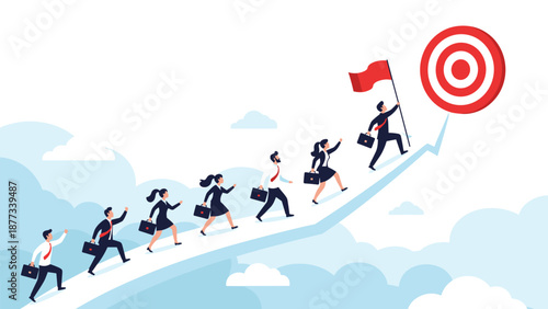 Team of professional business people walk up a large rising arrow towards a red target sign in the sky signifying goal achievement.