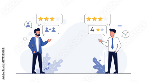 Two businessmen discuss performance while speech bubbles show three and four star ratings and profile icons for employee evaluation.