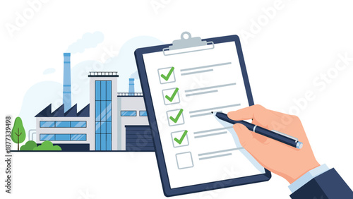 Person checks off items on a large clipboard with a pen in front of an industrial factory building symbolizing compliance and audit.