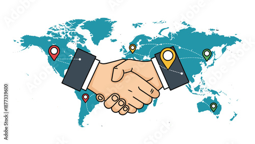 Two hands perform a handshake in front of a world map with green and red location pins representing global business partnerships.
