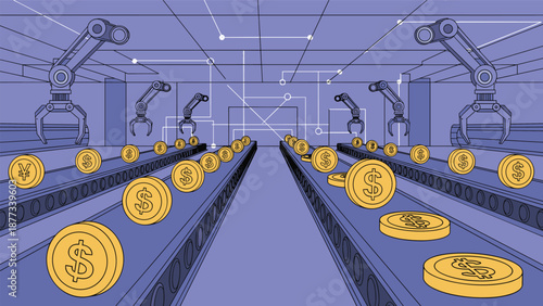 Automated factory line uses robotic arms to process and move many large gold coins with currency symbols representing high wealth production.