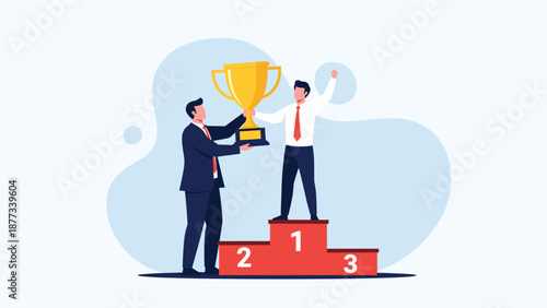 Businessman on the top spot of a winner podium receives a large gold trophy from another professional for his great achievement.