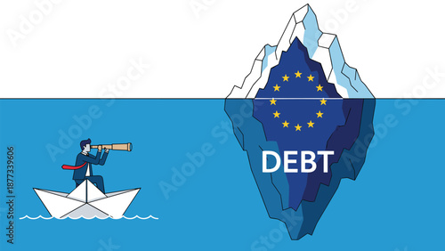 Businessman in a small paper boat looks through a telescope at a giant iceberg labeled debt with the european union flag representing crisis.