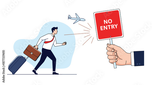 Businessman with a suitcase and briefcase runs towards a red no entry sign held by a hand representing travel restrictions or blocks.