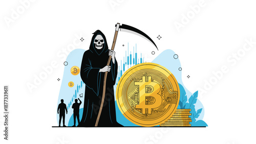 Dark grim reaper with a scythe stands behind a giant bitcoin coin while silhouettes watch representing the death or risk of cryptocurrency.