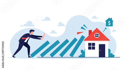 Determined businessman pushes against falling blue dominoes to prevent them from hitting a small red house and protect his property from financial ruin.