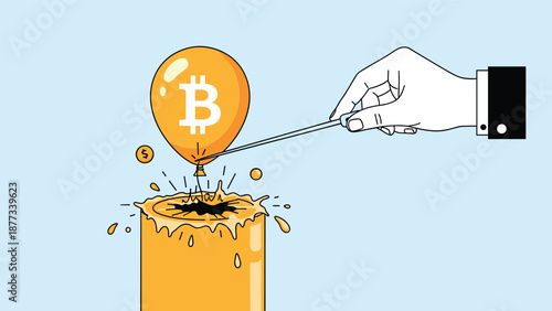 Sharp needle held by a human hand pops a yellow balloon with a bitcoin symbol over an exploding cylinder to represent a crypto market bubble burst.