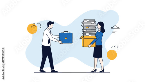 Corporate employee hands over a heavy box of documents to a colleague during a professional job transfer or office relocation process in a company.