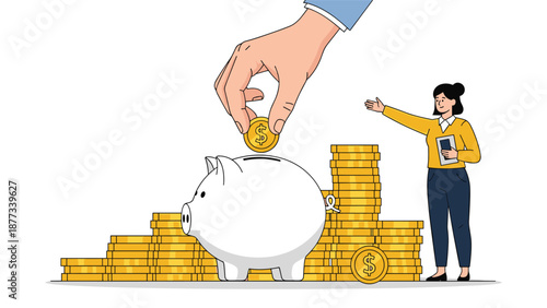 Giant hand deposits a gold coin into a white piggy bank while a woman stands near growing piles of money to illustrate financial savings and wealth.