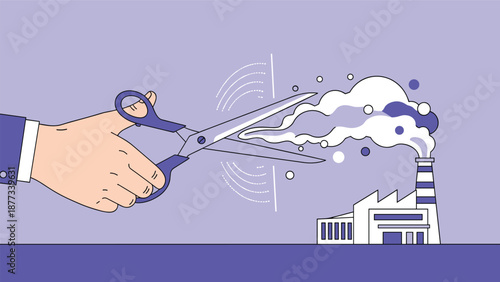 Hand with scissors cuts pollution from a factory chimney to represent ecological protection and global efforts toward environmental sustainability.