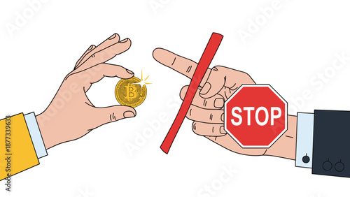Business hand showing a stop sign to another person holding a golden bitcoin coin represents government regulations or cryptocurrency trading bans.