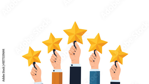 Group of business hands raises five glowing yellow stars against a white background to signify excellent customer satisfaction and high service ratings.