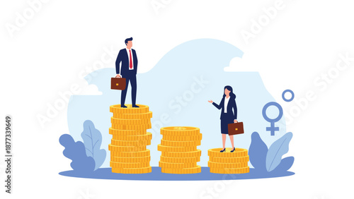 Male and female professionals stand on stacks of gold coins of unequal height to visualize the significant gender pay gap and income inequality at work.