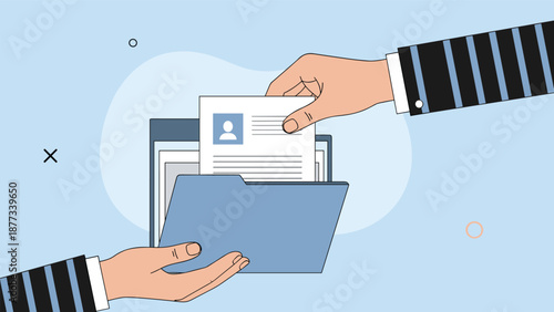 Professional hand places a resume document into a blue folder held by an employer to symbolize the application phase of a successful hiring process.