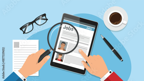 Person uses a magnifying glass to inspect candidate profiles on a digital tablet while drinking coffee to represent the modern recruitment process.