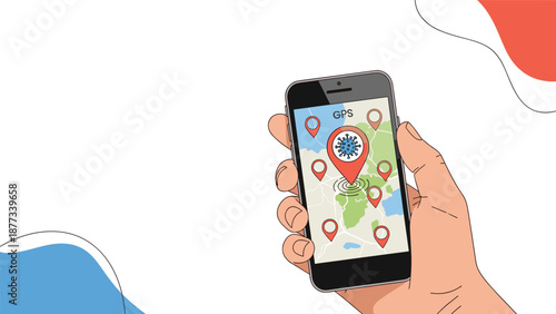 Person holds a mobile smartphone displaying a tracking map with virus icons to illustrate the use of gps technology for monitoring disease outbreaks.