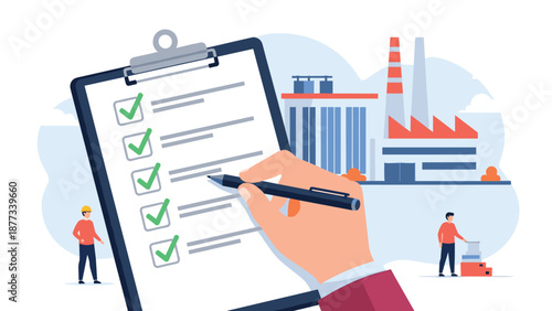 Industrial worker uses a pen to check off items on a clipboard with a large factory building in the background to show quality control and safety.