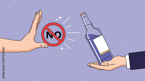 Individual hand shows a refusal gesture towards a bottle of alcohol being offered by another person to promote a healthy lifestyle and sobriety.