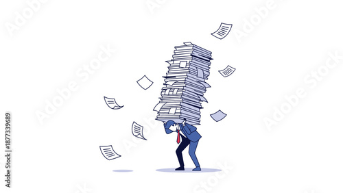 Overworked employee struggles to carry a massive stack of paperwork and documents while some pages fly away to represent high stress and heavy workload.