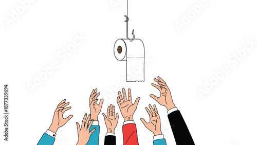 Multiple hands reach up desperately to grab a single roll of toilet paper hanging from a fishing hook to represent panic buying and supply shortages.