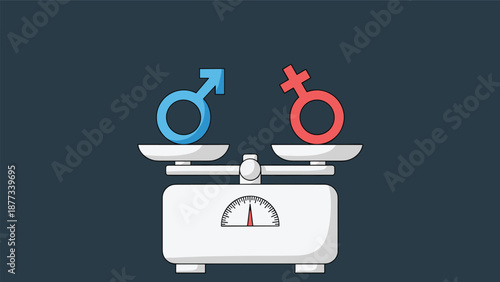 Balanced scale holds blue male and red female gender symbols at the same level on a dark background to symbolize social equality and human rights.