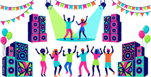 Music concert stage icon set featuring festival stages, speakers, bunting flags and cheering crowd silhouettes