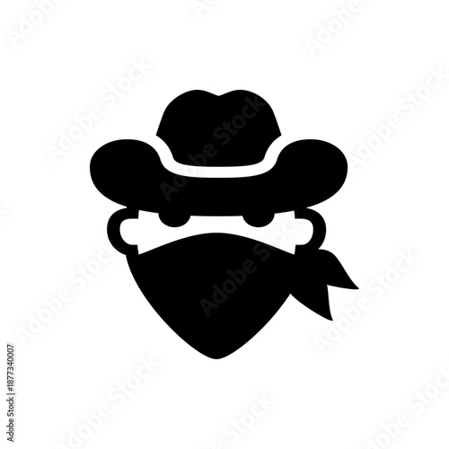 A black silhouette of a cowboy wearing a bandana and a cowboy hat on a white background