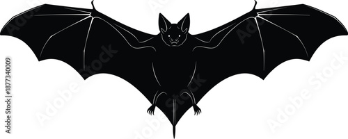 Black silhouette of scary flying bat with open wings isolated on white background, perfect vector graphic for spooky Halloween party decorations or horror themes.