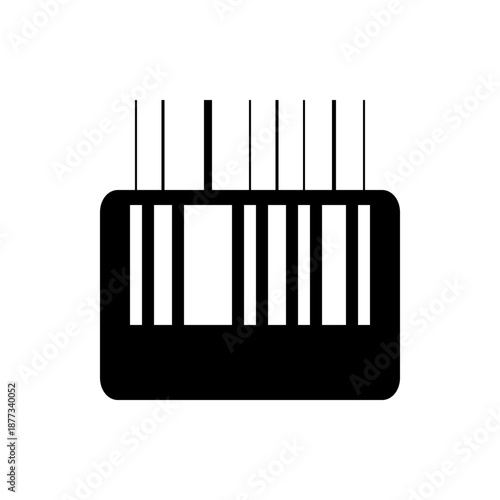 A black and white vector graphic illustration of a barcode scanner icon
